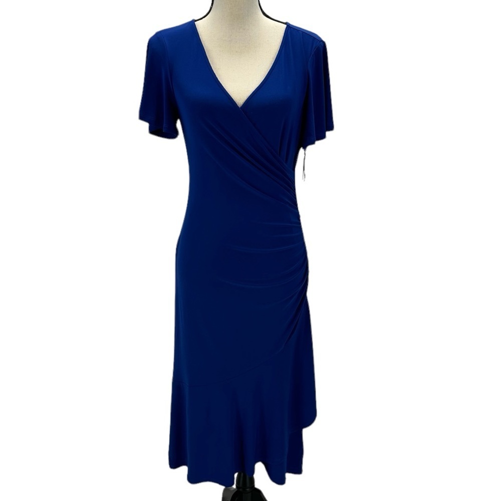 Kensie Short Sleeve Faux Wrap Side Ruched Midi Dress - Blue - size Small - Picture 1 of 13
